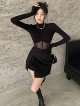 韩版辣妹网纱连体T恤女春夏季黑色长袖半高领打底衫内搭短款上衣