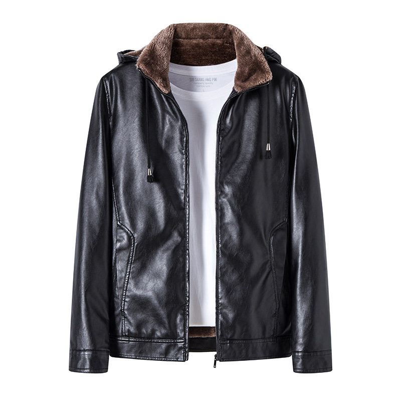 冬季新款加毛男装连帽加厚加绒pu皮皮衣男东北男士夹克外套潮