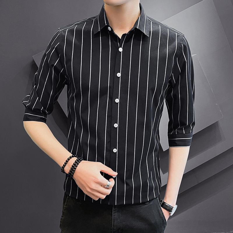 2023 New Striped Shirt Men's Short Sleeve Cropped Shirt Coat Spring and Summer Business Slim-Fit Casual Men's Clothing