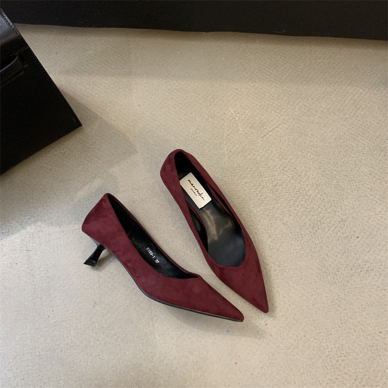 尖头高跟鞋红色新娘鞋婚鞋女鞋子2024新款春秋冬绒面气质细跟单鞋