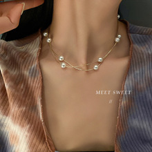 韩国双层叠戴珍珠chocker锁骨链2023年新款个性设计高级感项链女