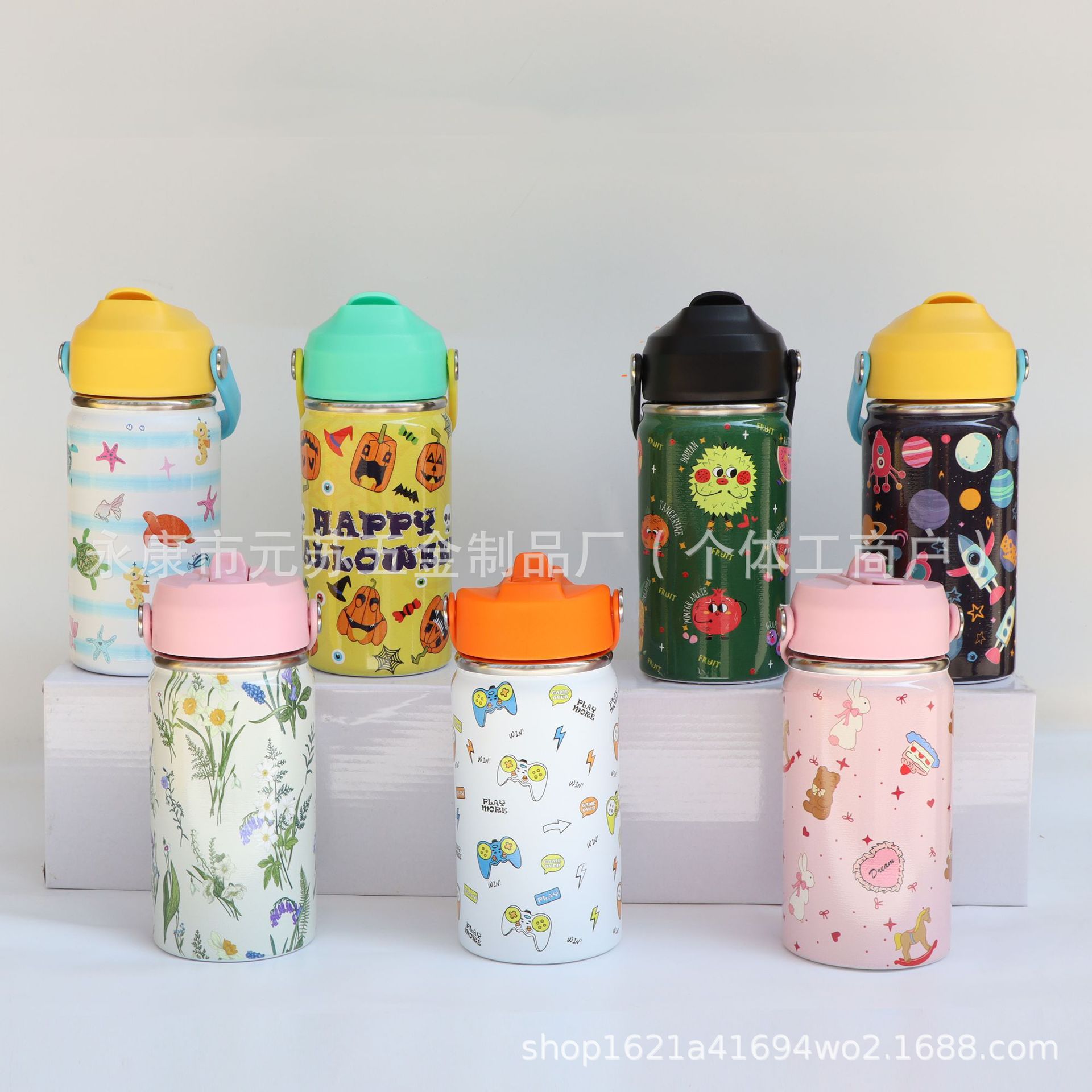 2025新款亚马逊跨境12OZ太空壶保温杯卡通图案便携吸管可爱儿童杯