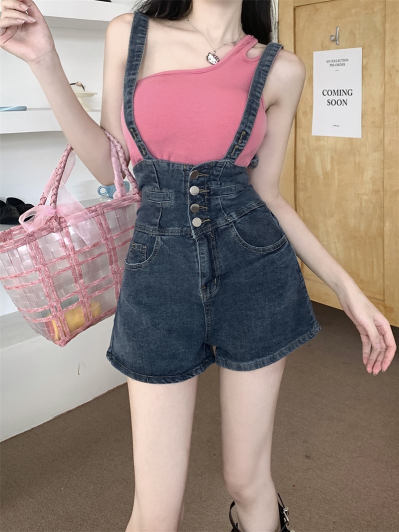 热裤女别致复古修身辣妹显瘦牛仔裤背带裤百搭短裤高