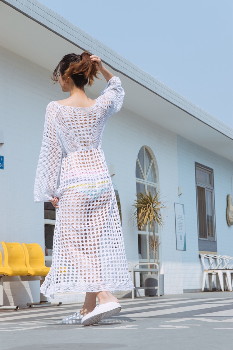 欧美海边度假比基尼针织喇叭袖沙滩裙镂空开叉长裙泳衣罩衫1949