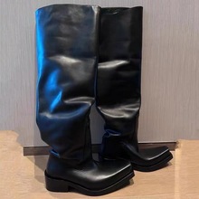 女同款翘头暗黑骑士靴2024冬季新款欧美厚底大筒围过膝堆堆长靴