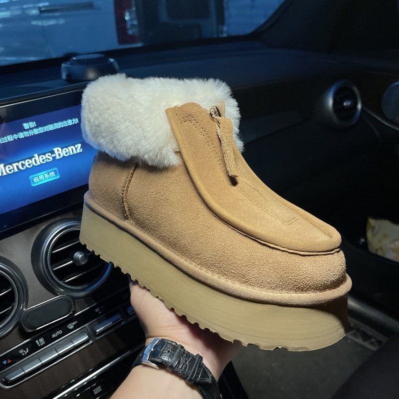 新款前拉链中筒雪地靴女厚底皮毛一体内增高棉鞋加绒保暖羊毛牛皮