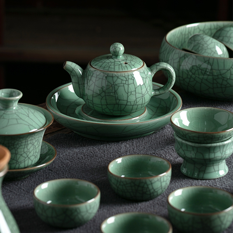 龙泉青瓷哥窑手工茶具套装陶瓷功夫茶具家用客厅整套茶壶盖碗礼品