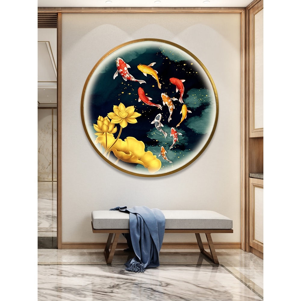 九鱼图玄关装饰画餐客厅九条尾鲤鱼荷花吉祥生聚财圆形led灯挂画