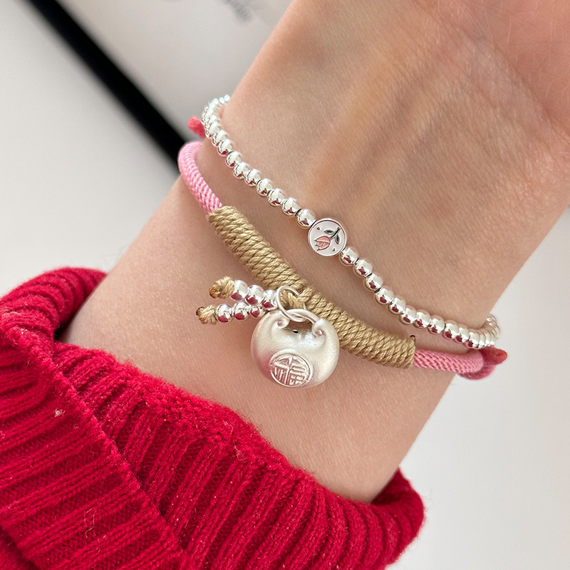 s925 sterling silver tulip round beads little fat fu pink rope bracelet female simple handmade design combination twin bracelet