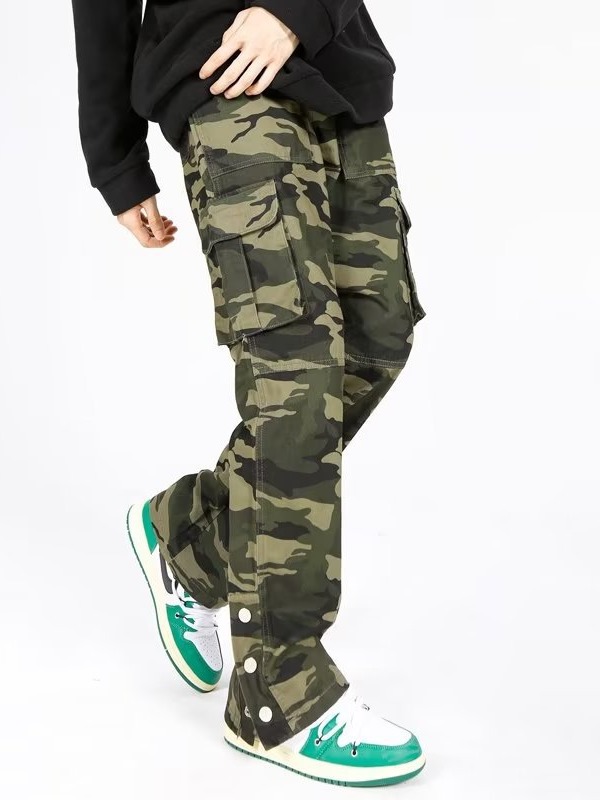 迷彩工装裤男夏季美式高街痞帅直筒裤子潮牌水洗做旧排扣牛仔长裤