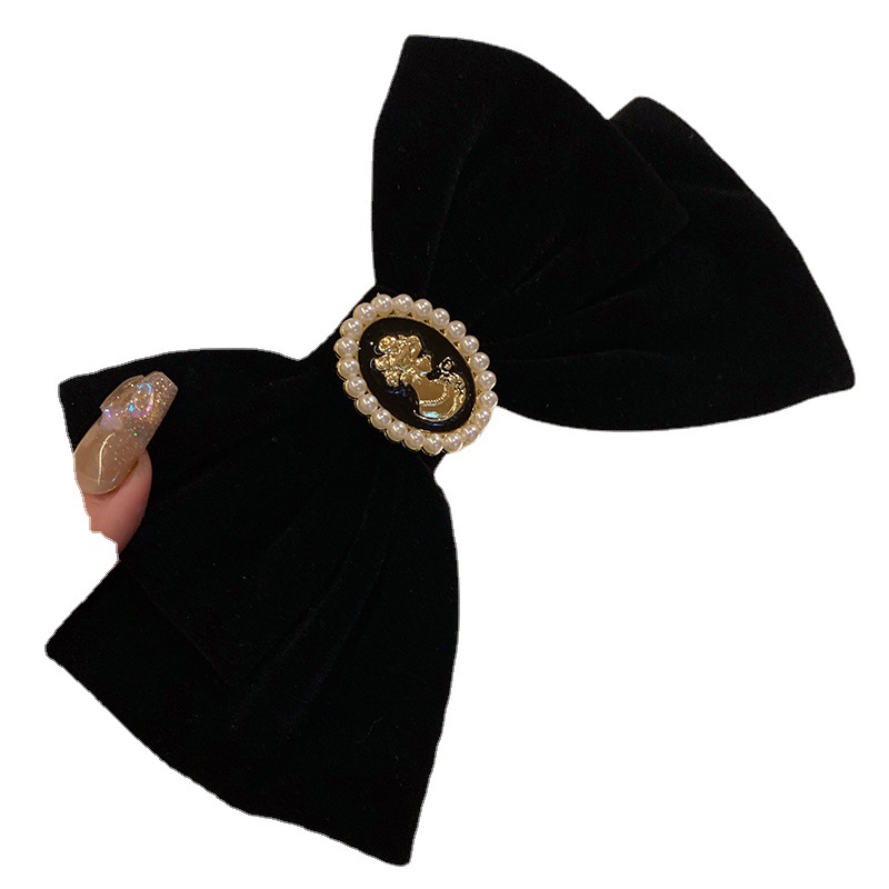 Beauty Head Black Velvet Bow Hairpin Retro French Chanel Style Pearl High-Grade Top Clip Hair Accessories Headdress