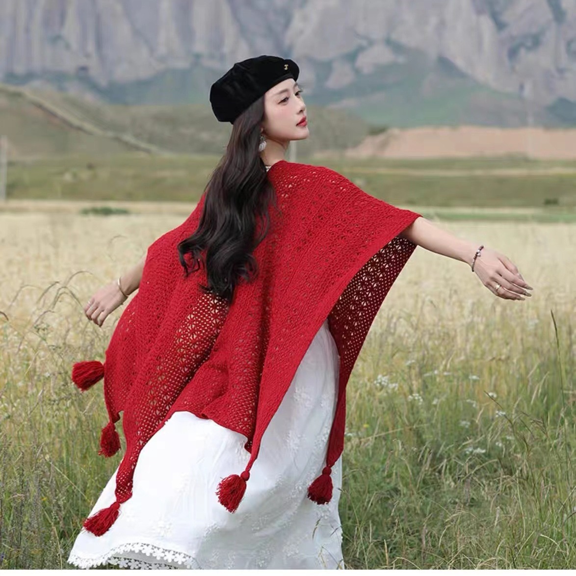 new ethnic style yunnan qinghai xinjiang grassland travel vacation outdoor photography knitted tassel slit shawl for women