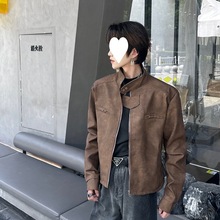 高街外套男生短款棕咖色飞行员夹克美式复古机车服皮衣