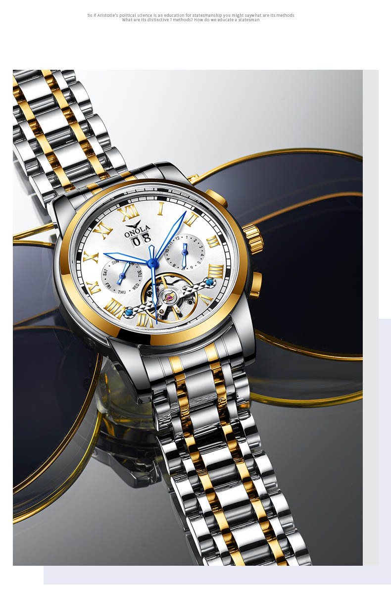 onola实心钢带商务陀飞轮镂空全自动机械手表男士防水手表男爆款