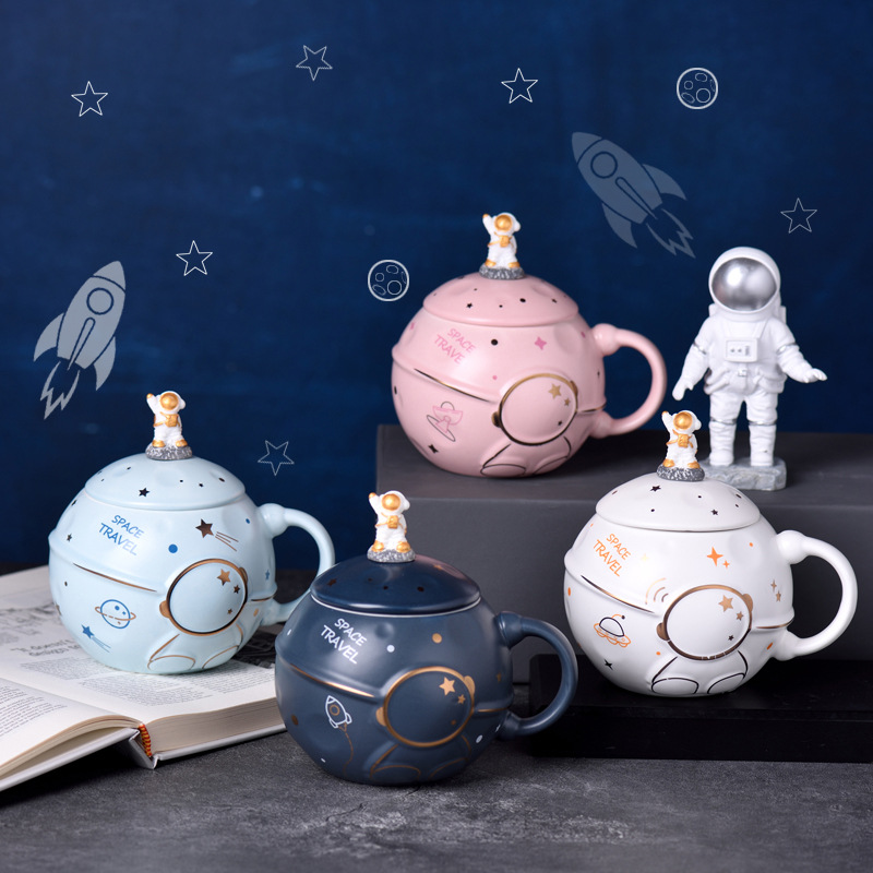 太空人星球杯子高颜值礼物可爱少女心带盖有勺水杯陶瓷马克杯