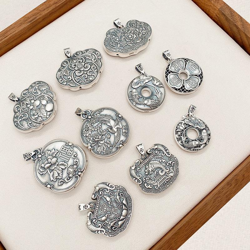 999纯银项链经典款古法传承空心双面繁花牡丹小众银吊坠项链i