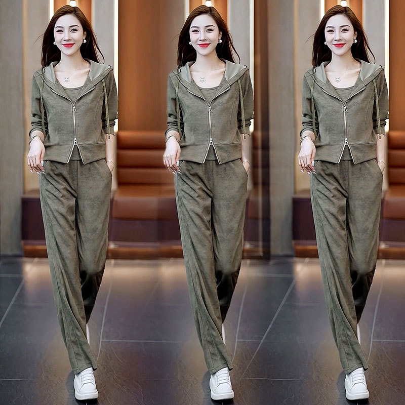 休闲运动服套装女秋季新款时尚减龄连帽卫衣外套阔腿裤显瘦三件套