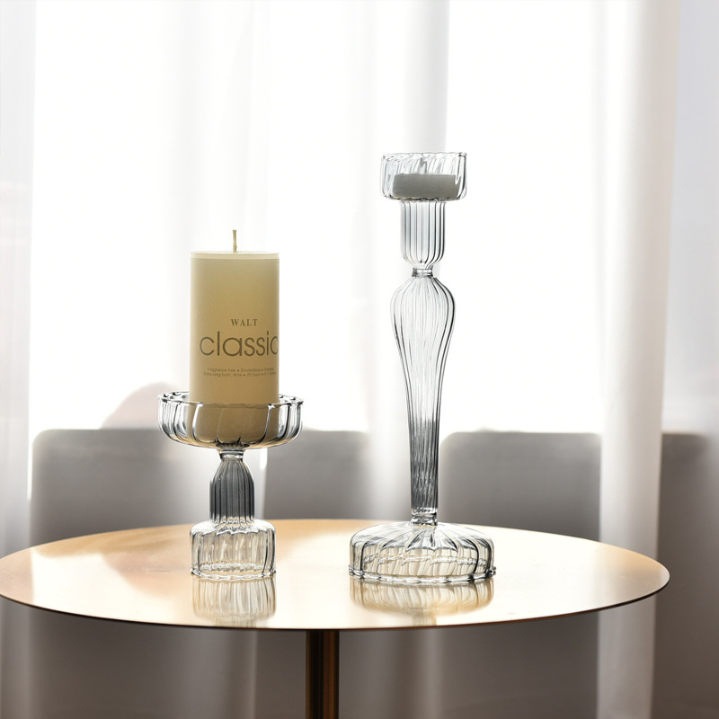 创意条纹玻璃烛台 透明彩色烛台餐桌欧式装饰可两用烛台厂家批发