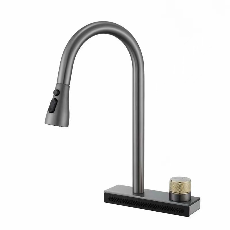 German Feiyu Waterfall Faucet Vegetable Basin Sink Kitchen Sink Single Hole Pull-out Digital Display Faucet Copper Water Tap