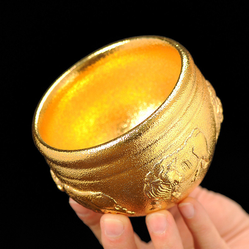 24k金高端主人杯名家手工鎏金功夫品茗茶碗盏杯五牛水缸杯子礼品