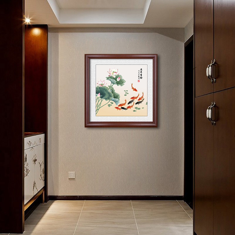 九鱼图装饰画 玄关挂画 客厅招财风水壁画正方形鲤鱼锦鲤餐厅国画