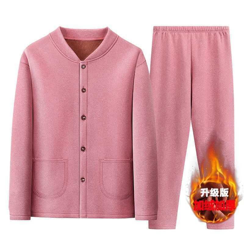 middle-aged and elderly thermal underwear female velvet thickening outfit mother winter clothing cotton coat cardigan old lady autumn clothes long pants