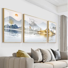 客厅装饰画山水画沙发背景墙轻奢壁画三联晶瓷新中式现代简约挂画