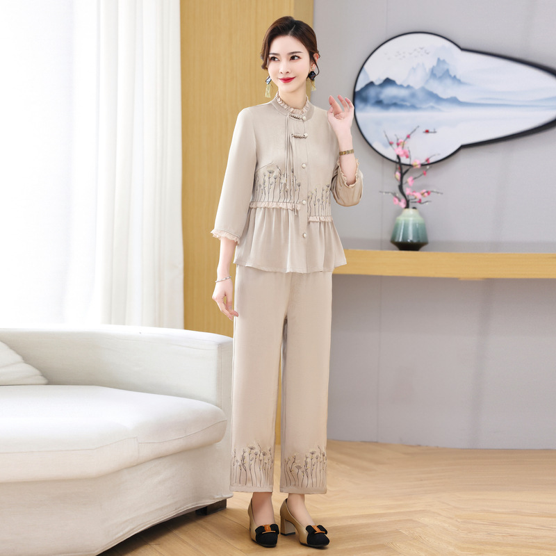 2024 Spring and Summer Middle-Aged and Elderly Women's Mid-Sleeve Shirt Suit Temperament plus Size Mother's Wear High Quality Belly Covering Suit for Women