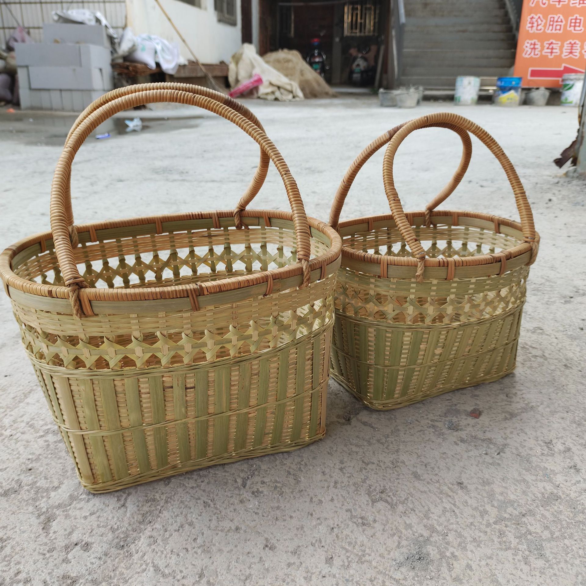 手工竹编制品家用椭圆形买菜篮购物篮竹青编织镂空提篮收纳竹篮子