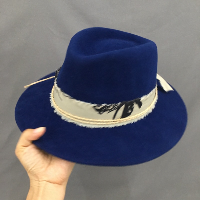 欧美风秋冬新款藏青色桃心顶高顶宽檐礼帽法式爵士帽子男女毡帽