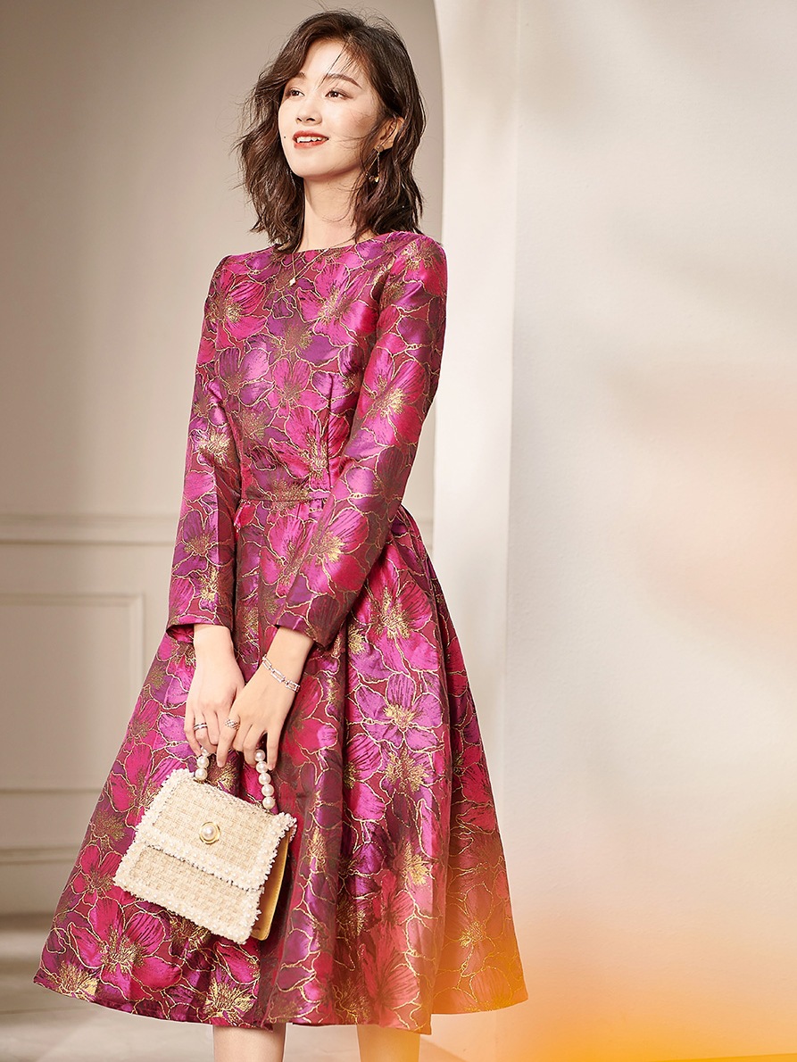 追忆似水年华春秋轻奢复古连衣裙提花中长裙年会奢华礼服名媛裙子