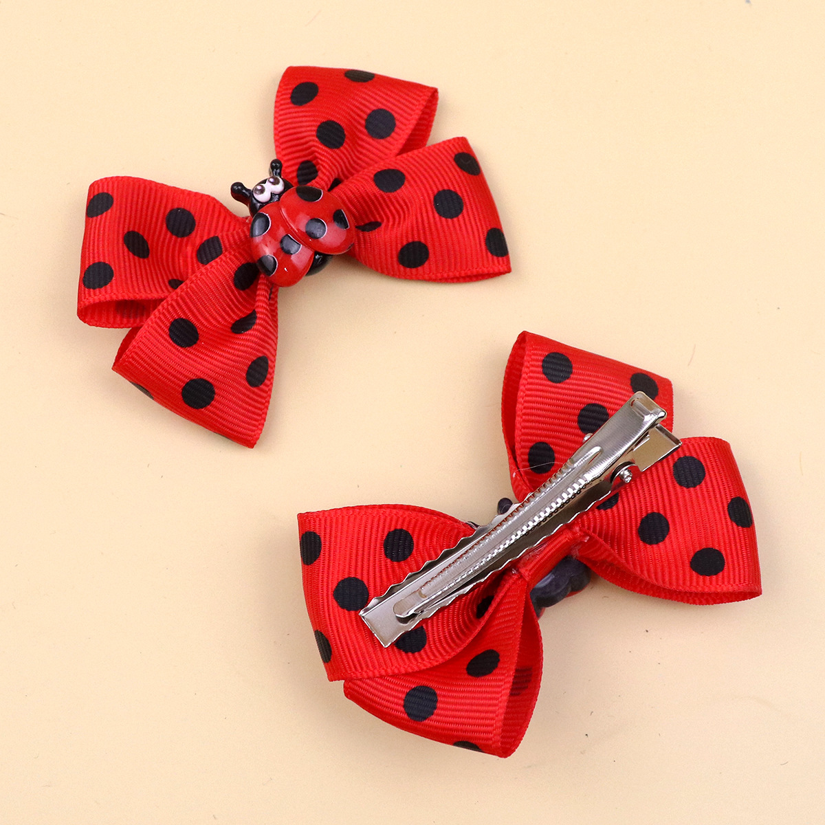 跨境七星瓢虫双层蝴蝶结发夹女孩波点蝴蝶结发箍甲虫抓夹temu热卖