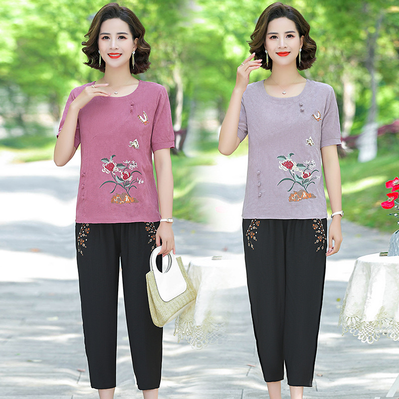 妈妈装套装夏季纯棉短袖t恤宽松中老年女两件套老人衣服奶奶夏装