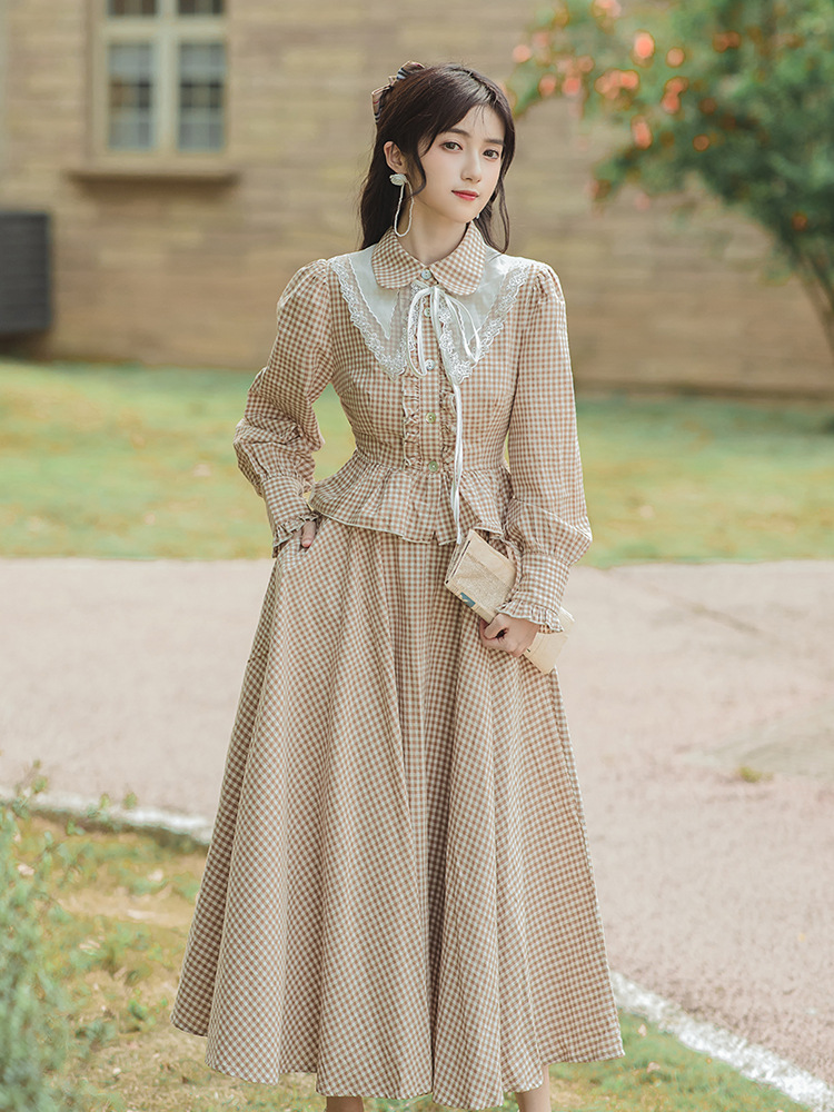6310实拍 新款复古风 淑女装 格子衬衫绣花领半身裙套装 限价168