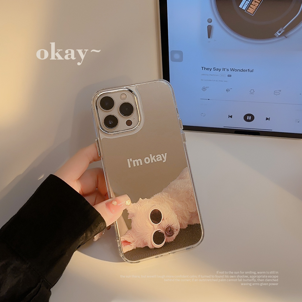 搞怪狗狗iphone16适用14promax苹果手机壳15电镀镜面11化妆镜代发