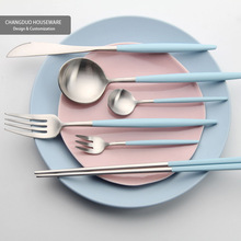 天蓝色-哑光手柄拉丝304不锈钢刀叉勺筷子餐具创意可爱家居软装