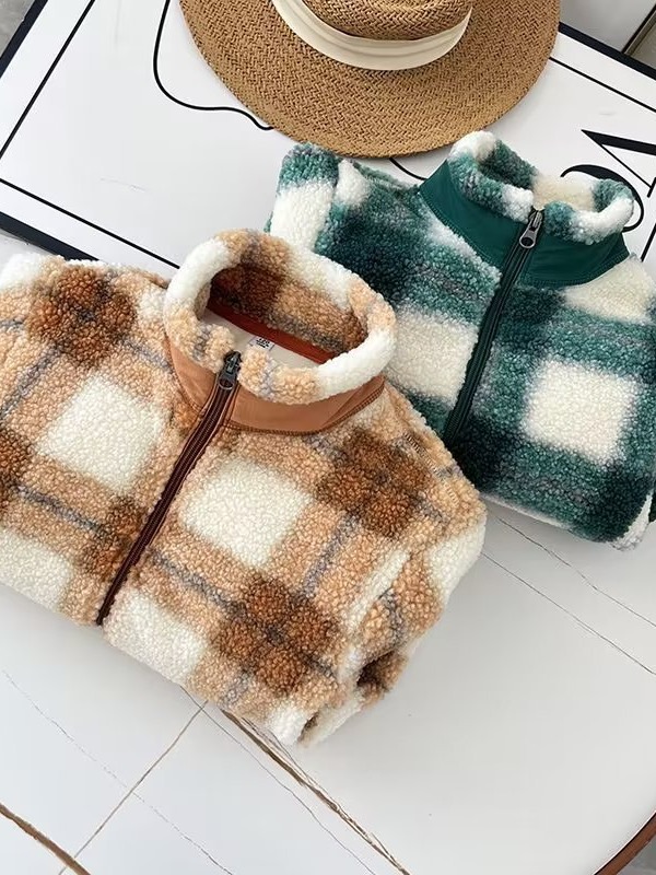 优家秋冬童装男童女童防风保暖格子摇粒绒茄克立领