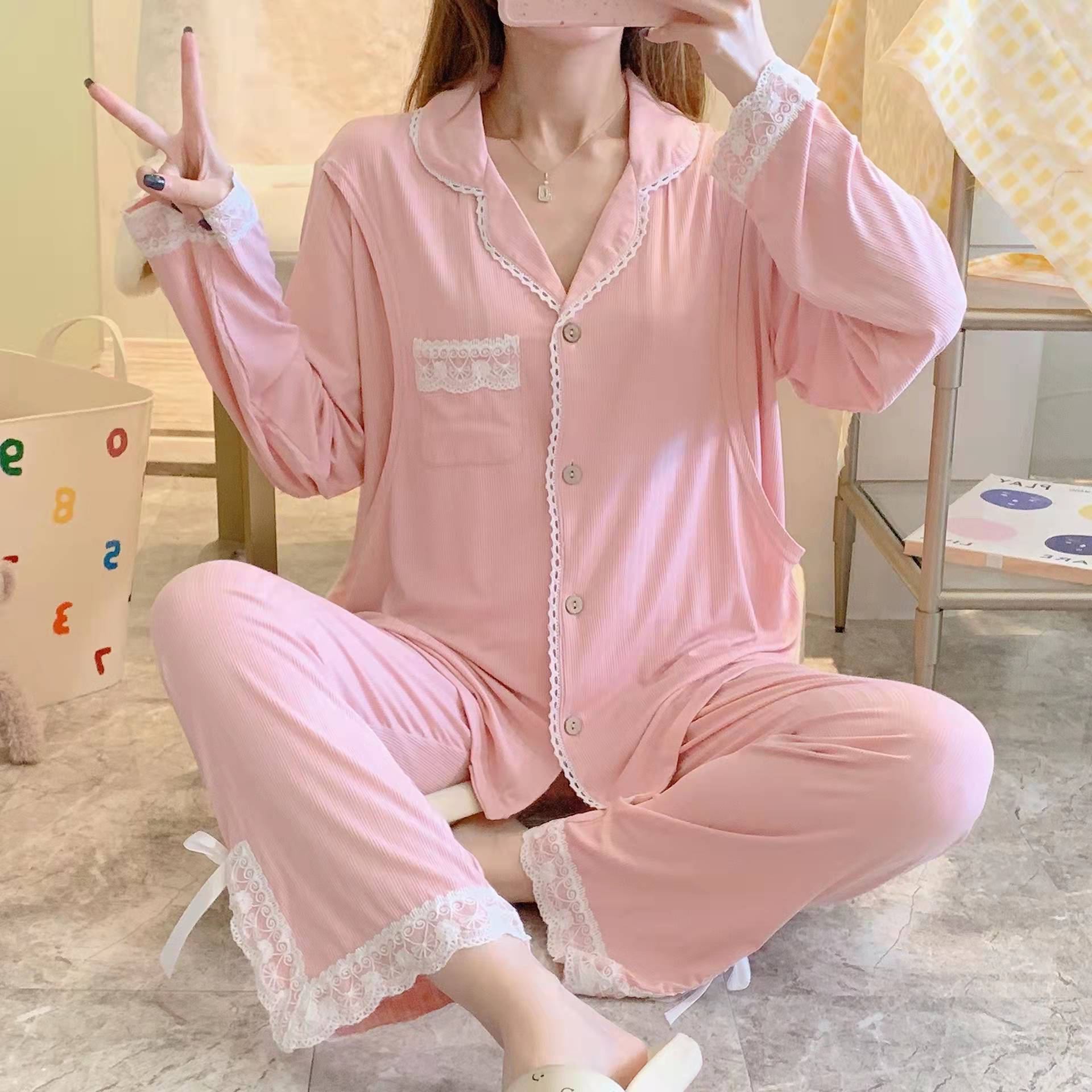 莫代尔翻领月子服套装穿着清爽透气产前产后孕妇睡衣