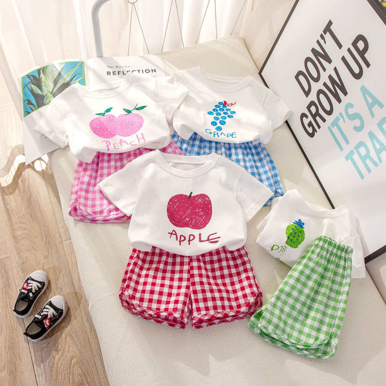 2023 New Korean Style Fruit Plaid Two-Piece Children's Suit Summer Boys and Girls Baby Short Sleeve Shorts Baby Clothes