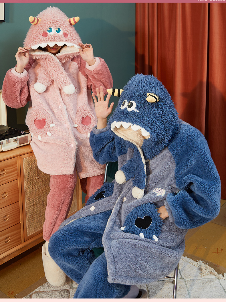 小怪兽睡衣女秋冬珊瑚绒睡裙男睡袍长毛绒睡衣家居服套装学生可爱