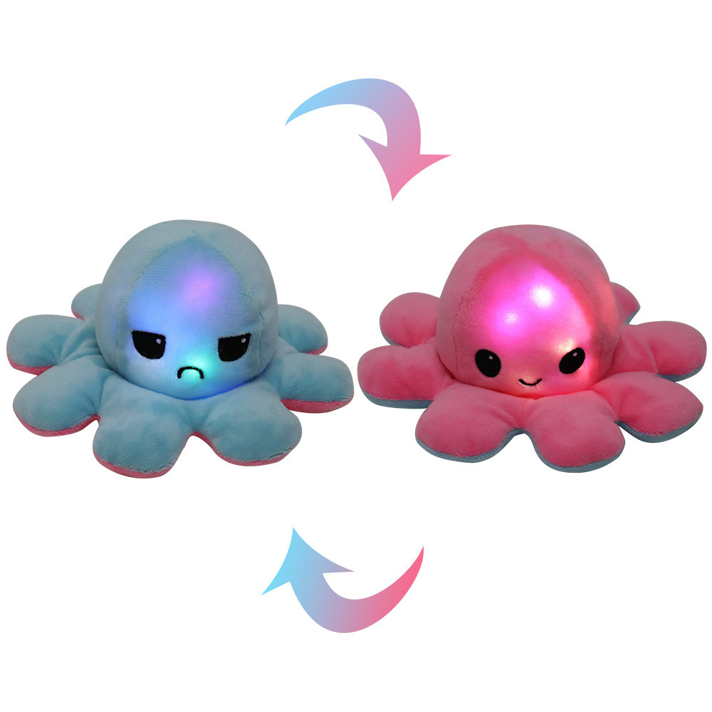 全新跨境翻转章鱼玩偶表情包八爪毛绒玩具翻面发光带led灯章鱼