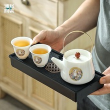 德化白瓷玉兔提梁壶一壶两杯茶具套装中式茶壶品茗杯陶瓷茶杯茶盏
