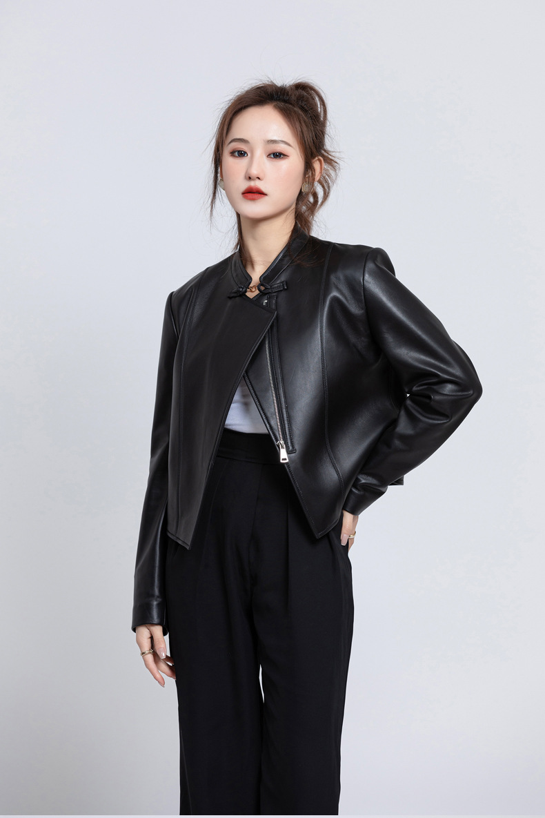 2022春季海宁新款羊皮皮衣女时尚显瘦短款中国风绵羊皮外套皮夹克
