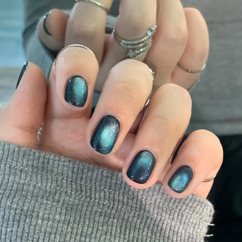 手工刷爆闪9d星空墨尔本蓝猫眼甜美风显白穿戴甲可拆卸成品假指甲