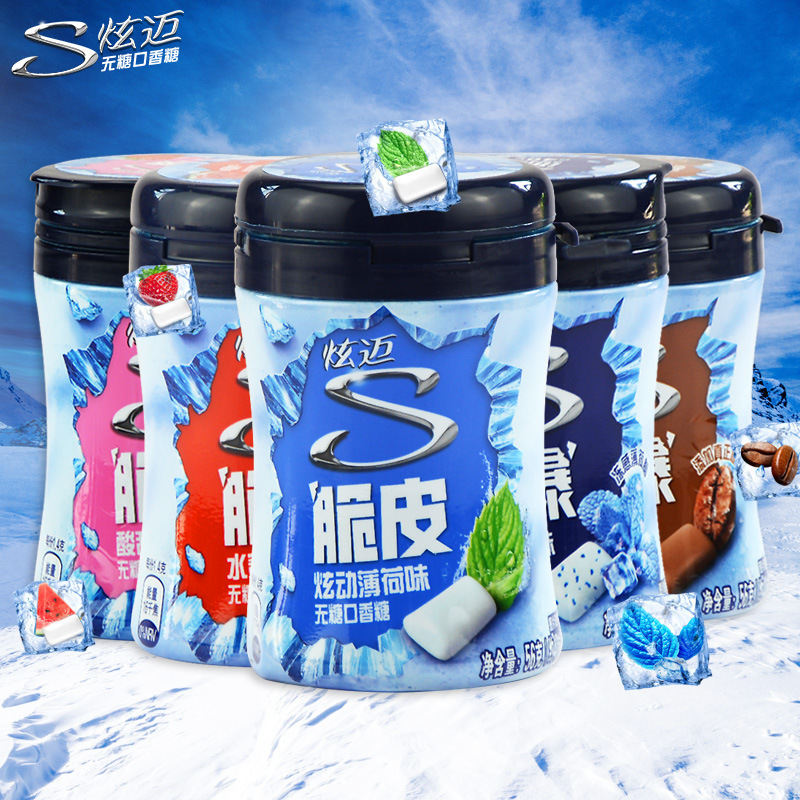 炫迈无糖口香糖40粒脆皮口嚼糖口气清新六神冰爆薄荷草莓味泡泡糖