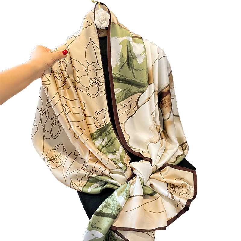 Spring New Camellia All-Matching Printed Emulation Silk Scarf Air Conditioning Elegant Shawl Korean Style Sun Protection Thin Scarf