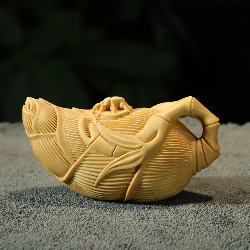 黄杨木雕竹笋茶壶摆件知足常乐文玩手把件男士把玩木质随身把把壶