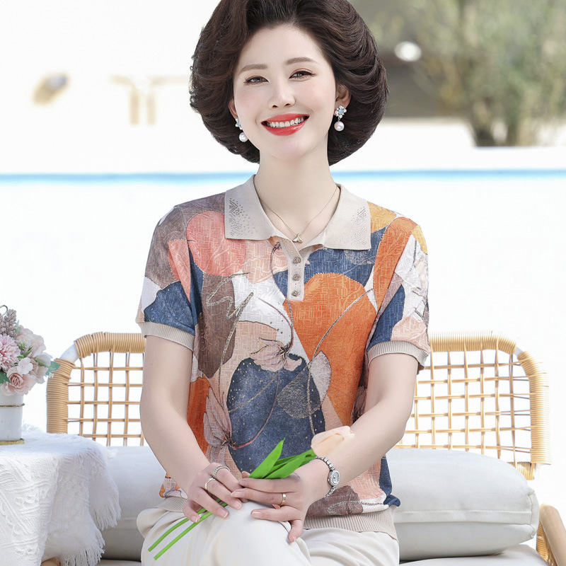 妈妈夏装小衫洋气上衣薄2024新款中老年女装桑蚕丝短袖t恤奶奶装