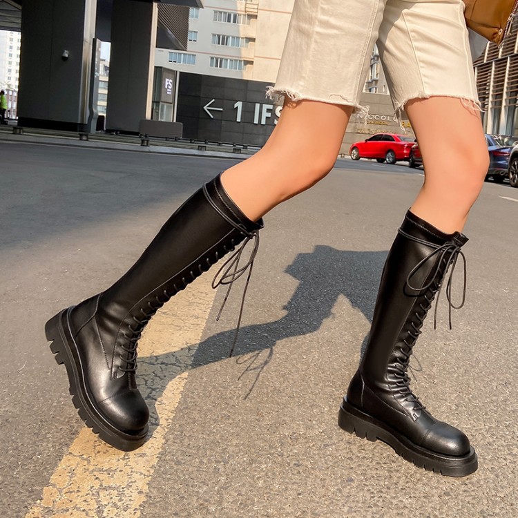 外贸靴筒高系带骑士靴2021冬厚底粗中跟绑带高筒马丁靴长靴女大码