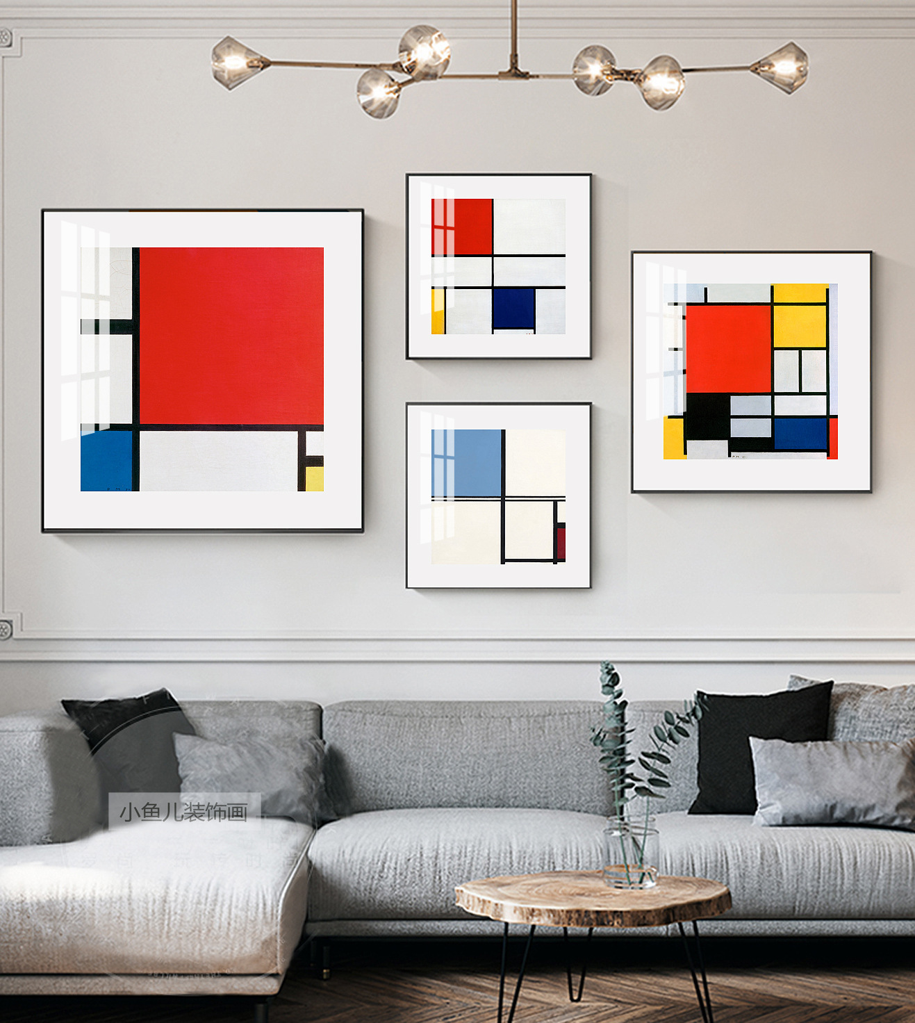 蒙德里安红黄蓝色块抽象几何装饰画客厅儿童房挂墙画电表箱镜面画